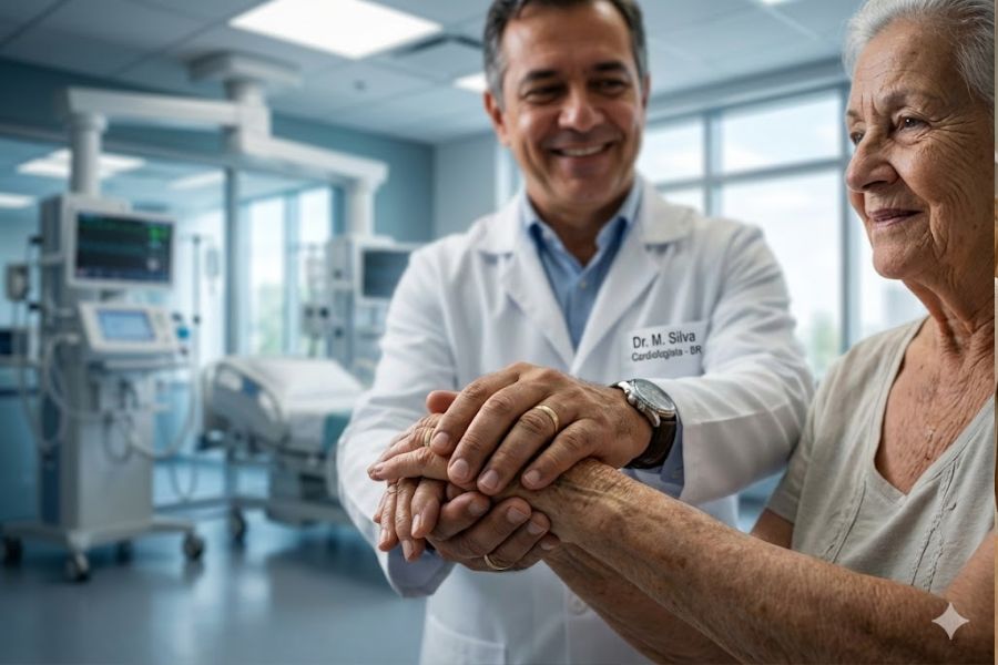 Médico credenciado atendendo paciente idoso em hospital de referência em Buritama SP. plano de saúde acessível para idosos