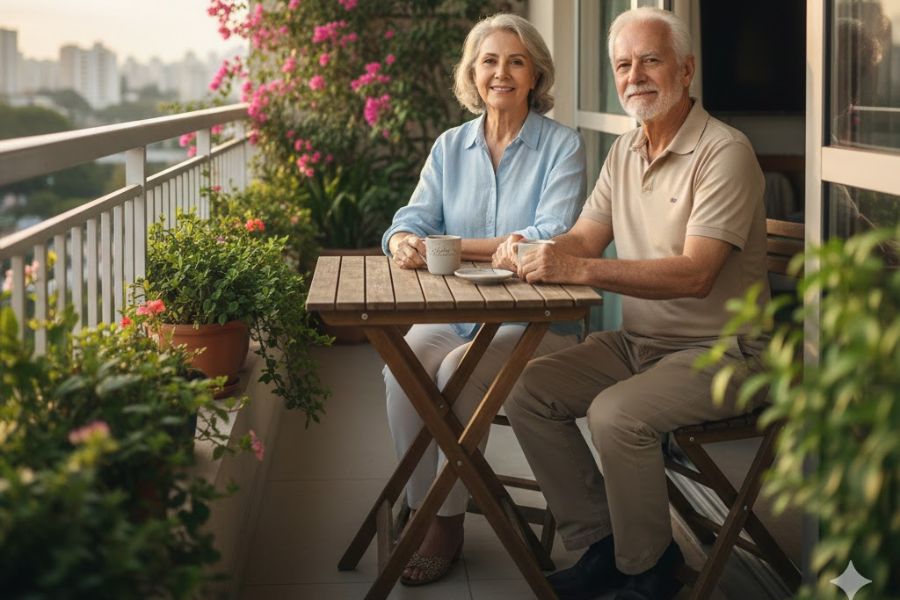 Casal de idosos sorrindo em Buritama SP após contratar plano de saúde com a JC Luz. plano de saúde acessível para idosos